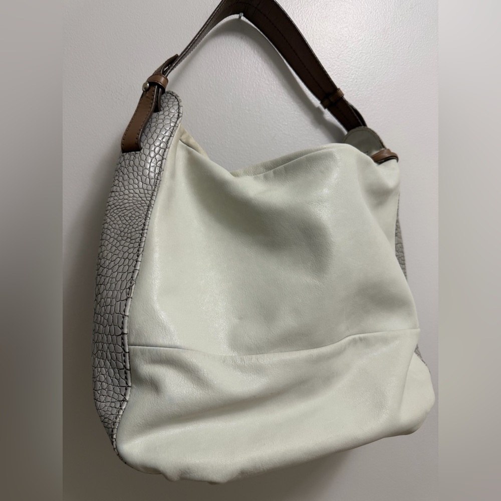 Furla Cream Leather Hobo with Gray Snakeskin Trim and Brown Strap